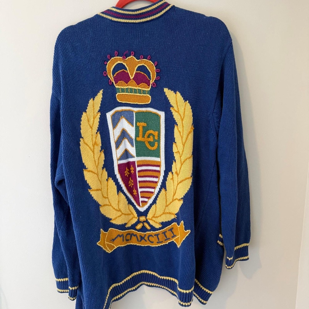 Lizsport‎ Vintage Crest Cardigan Sweater Blue Ramie Cotton Knit Large MCMXCIII